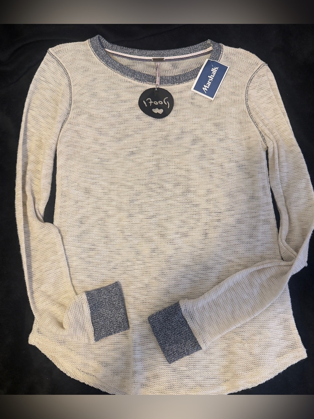Poof! Cream Crewneck Sweater with blue Trim